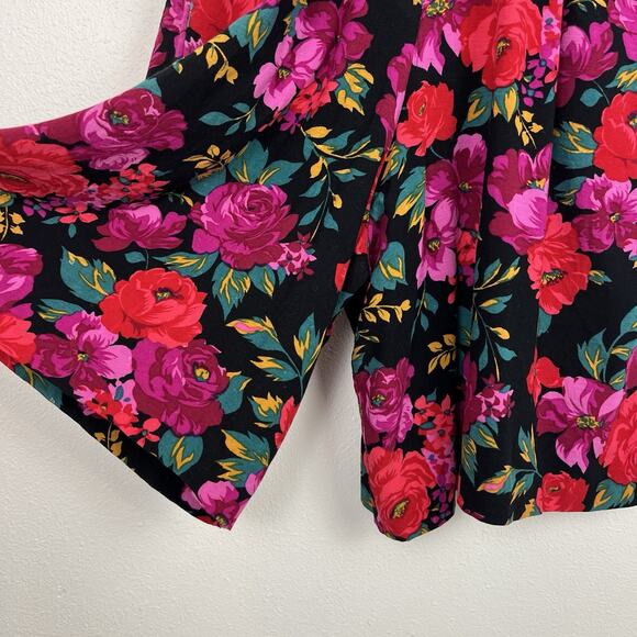 Vintage Floral Romper 80s Black V-Neck Short Sleeve Boho Festival Garden Party M - Picture 4 of 11